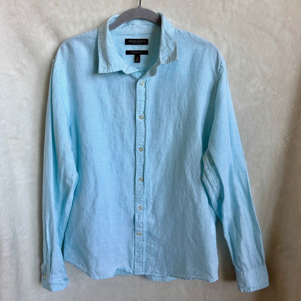Banana Republic Mens Light Blue Textured Linen Cotton Shirt Untucked Fit Sz M